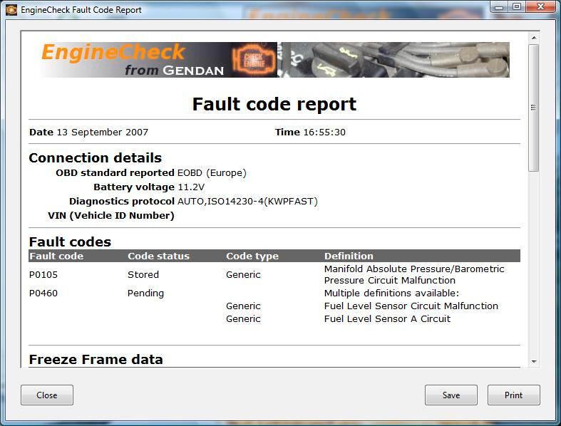 Print report button This will display a report of the current fault codes, freeze-frame data and on-board test results. This report can be saved or printed.
