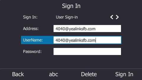Configuring Phones with Skype for Business Server To sign into the Skype for Business server using User Sign-in method via phone user interface: 1. Press the Sign In soft key. 2. Select User Sign-in.