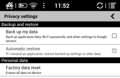 and set Fully refresh timeout, screen timeout, Power off timeout etc; Privacy This includes settings of data
