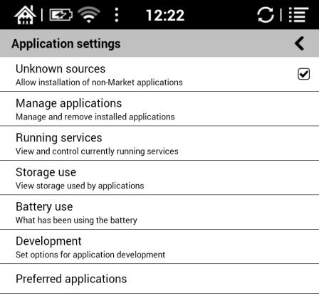 Apps setting Users can select whether to allow installing unknown source Apks and debugging, manage and delete Apps, check the