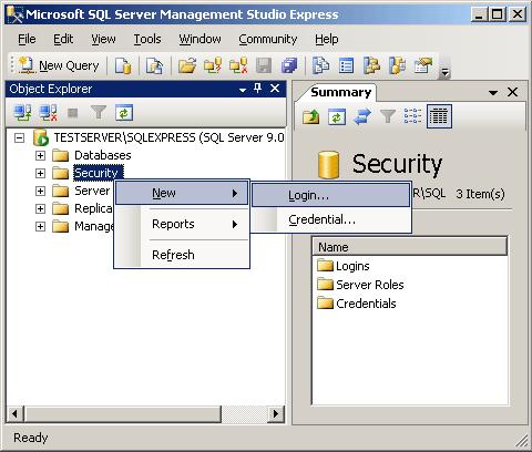 Chapter 1: Microsoft SQL Server 2005/2008 Create a Server Login 1. In the Object Explorer, right-click the Security folder and select New > Login.