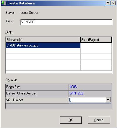 Chapter 1: InterBase 6 2. In the Create Database dialog box that is displayed: a. At Alias, create and enter a name for the WinSPC database. (The recommended database name is WINSPC.) b.