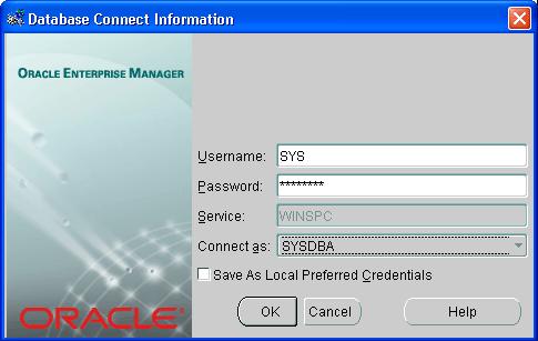 Chapter 5: Oracle 10g 4. In the Database Connect Information dialog box that is displayed: a. At Username, enter the username for the global database. b. At Password, enter the password associated with this user name.
