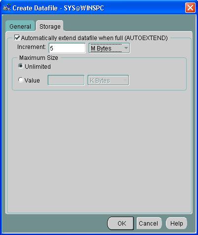Chapter 5: Oracle 10g 8. On the Storage tab: a. Check the Automatically extend datafile when full (AUTOEXTEND) check box. b. Specify 5 M Bytes as the size by which the datafile should be incremented.
