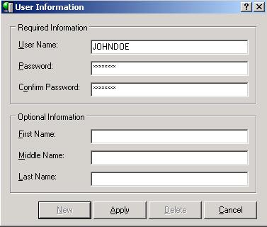 Chapter 1: InterBase 6 2. In the User Information dialog box that appears: a. Click New. b. At User Name, create and enter a user name for the login. (The recommended user name is JOHNDOE.) c.