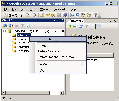 Chapter 3: Microsoft SQL Server 2005 and 2005 Express Create a Database 1. In the Object Explorer (i.e. the left pane) of Microsoft SQL Server Management Studio, right-click Databases and, from the shortcut menu, select New Database.