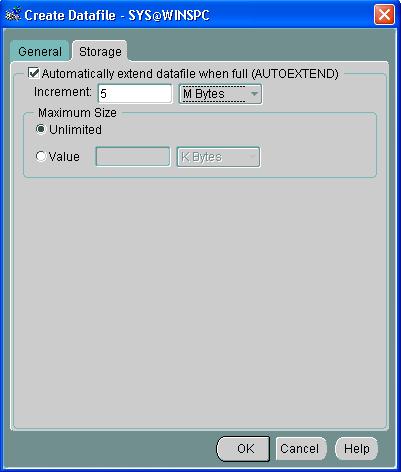 Chapter 4: Oracle 9i 9. On the Storage tab: a. Check the Automatically extend datafile when full (AUTOEXTEND) check box. b. Specify 5 M Bytes as the size by which the datafile should be incremented.