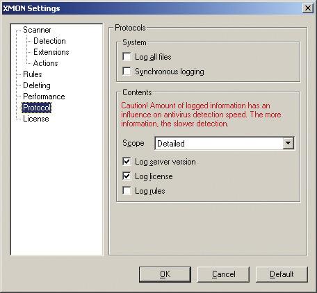 The Protocol settings page lets you select how the virus scanning protocol/log should be assembled.