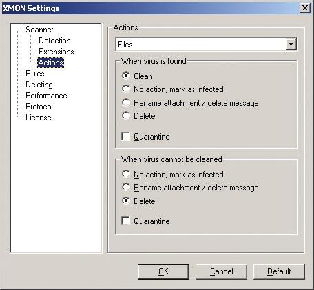 The Actions page lets you select what actions should be taken upon virus detection.
