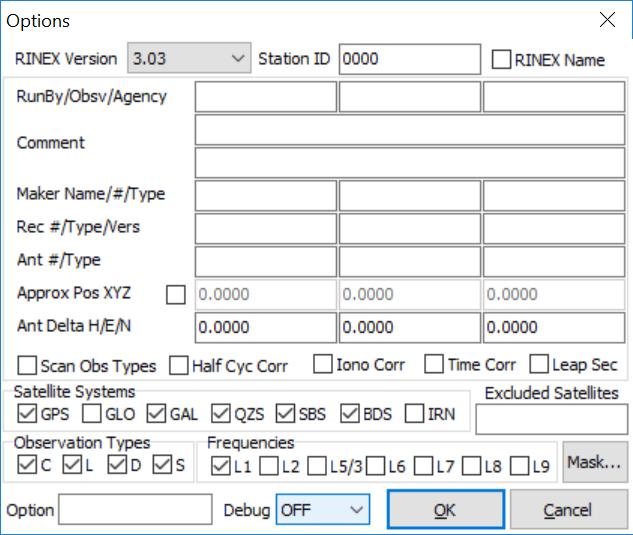 Select RINEX Version 1 Select Satellite Types Select RAW Data Types C: