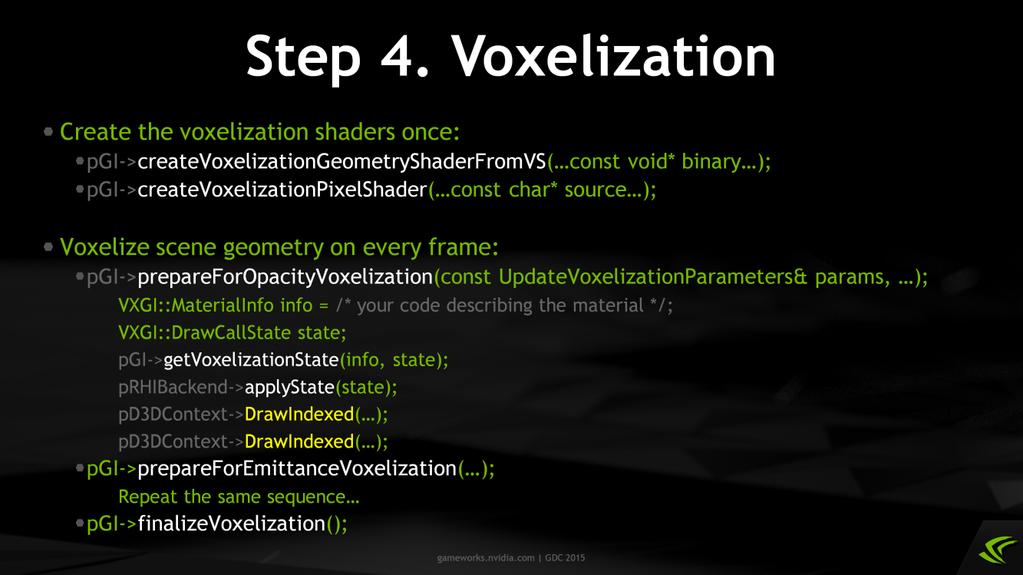 The next step in VXGI integration is implementing custom voxelization. To voxelize geometry, you need to create at least two VXGI shader sets: one geometry shader and one pixel shader.