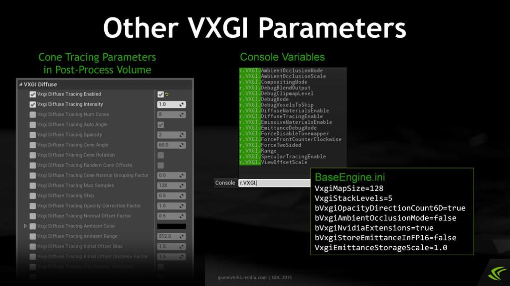 There are many other parameters that control VXGI in Unreal Engine, including: a lot of diffuse and specular tracing parameters in the post-process volume;