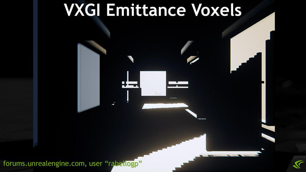 This is the emittance voxel visualization for that scene, and it includes some directly lit voxels on the floor and emissive boxes