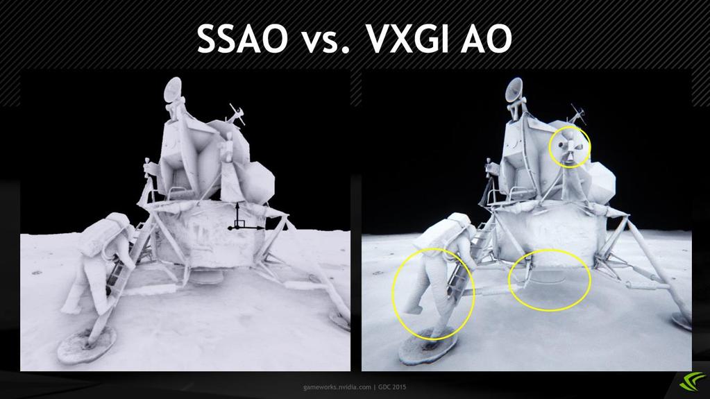 On the left picture there is a rendering of the Lunar lander with screen-space ambient occlusion, and on the right is the same lander with VXGI ambient