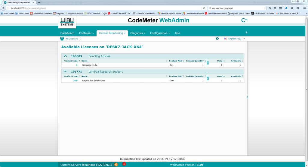 This will launch CodeMeter WebAdmin in your web browser. Select the License Monitoring tab. In this example, there are two RayViz for SolidWorks licenses, one is in use and one is available.