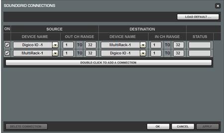 SoundGrid Connections 1. Go to Window SoundGrid Connections. 2. Make sure that the following connections are set up properly: a. Source - DiGiCo I/O - to Destination MultiRack. b.