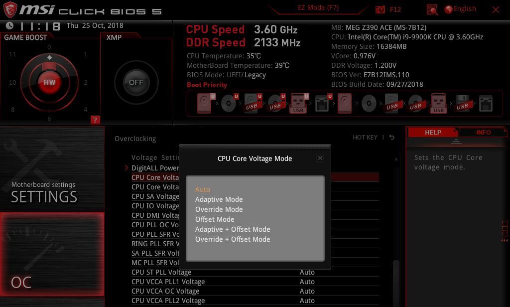 P. 15 Overclock i9-9900k to 5GHz & memory to 4000MHz CPU Core Voltage Mode There are 5 CPU Core Voltage Modes available. Override Mode keeps core voltage fixed either the CPU is idle or under load.