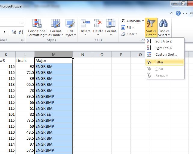 How to Split the Spreadsheet into Majors 1. Open the file Merged.xlsx, select the Major column by clicking on its header, and then click on the Sort&Filter button under the Home menu.