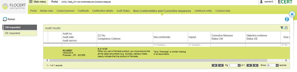 Enter corrective measures (CM) Enter a corrective measure (CM) Click on the NC displayed in the