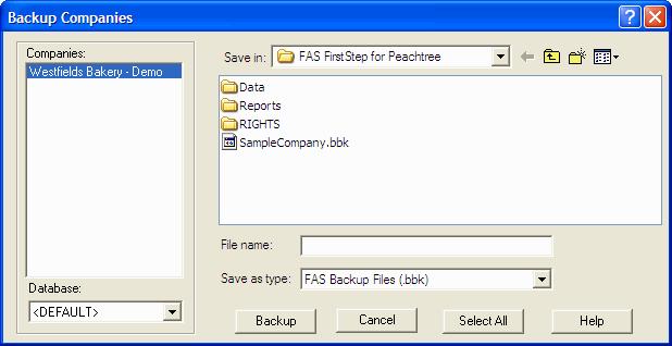 3-2 / FAS 50 Asset Accounting - Peachtree Edition Quick Start Guide Step 1: Backing Up Your Data To back up your database 1. Select File/Company Utilities/Backup Company from the menu bar.