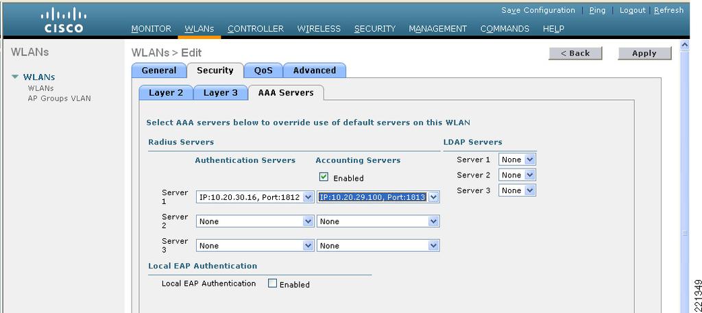 Note the following: The accounting server IP address must be the "service IP address" of the trusted management interface of the NAC appliance.