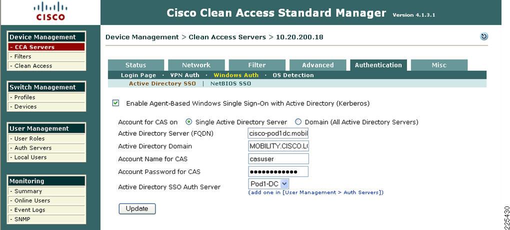 Clean Access Manager/NAC Appliance Configuration Guidelines Chapter 5 Figure 5-57 Windows Auth General Settings Note Step 4 You need to use ktpass command on Active Directory server (or domain) to