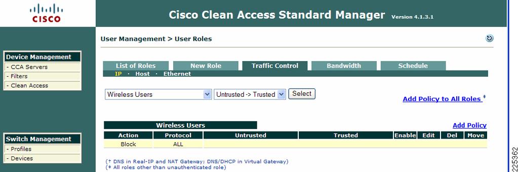 Clean Access Manager/NAC Appliance Configuration Guidelines Chapter 5 Figure 5-64 Traffic Control for Wireless Users Role