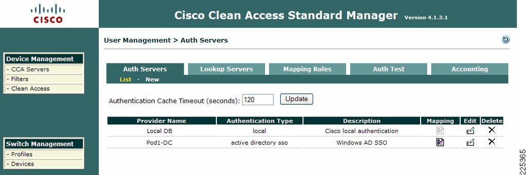 Clean Access Manager/NAC Appliance Configuration Guidelines Chapter 5 Figure 5-67 Auth Server Configuration As seen in Figure 5-67, a default Auth Sever Guest is defined, which uses a local database