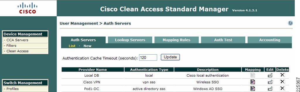 Chapter 5 Clean Access Manager/NAC Appliance Configuration Guidelines Figure 5-69 VPN SSO Auth Server for Wireless SSO No internal or external authentication server is configured for wireless SSO.