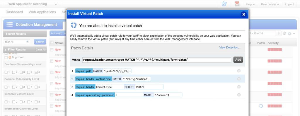 WAS / WAF Integration: Virtual Patch Virtual Patch : One-click