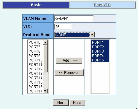 Basic Create a VLAN and add tagged member ports to it. 1. From the main menu, click Administrator VLAN configuration, click Add then you will see the page as follow. 2. Type a name for the new VLAN.