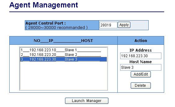 2.5.14.1 Agent Management Agent Control Port: The control port defines the specific TCP/UDP port the single IP switch is listening, which the agent manager sends its command to.