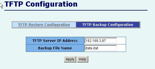 back flash image. 2.7.2. TFTP Backup Configuration Use this page to set tftp server ip address.