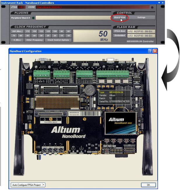 NanoBoard 3000 to access its corresponding instrumentation in the Instrument Rack NanoBoard Controllers panel. Then click on the Board View button.