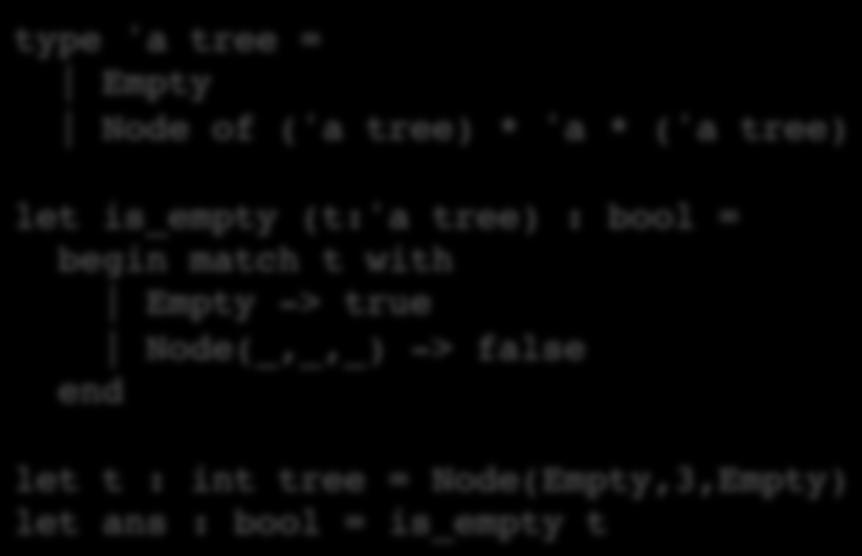 Node(Empty,3,Empty) let ans : bool = is_empty t CIS120 interface Tree<A> { public boolean isempty(); class Empty<A> implements Tree<A> { public boolean isempty() { return true; class