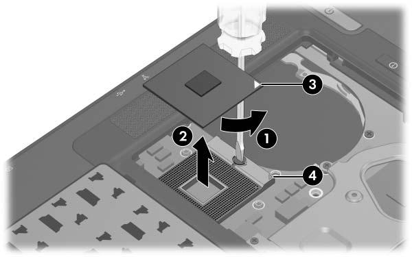 Removal and Replacement Procedures 2. Use a flat-bladed screwdriver to turn the processor locking screw 1 one-quarter turn counterclockwise until you hear aclick. 3.