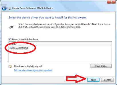 10. The Dialog should show Kinco HMI USB, Click Next and allow