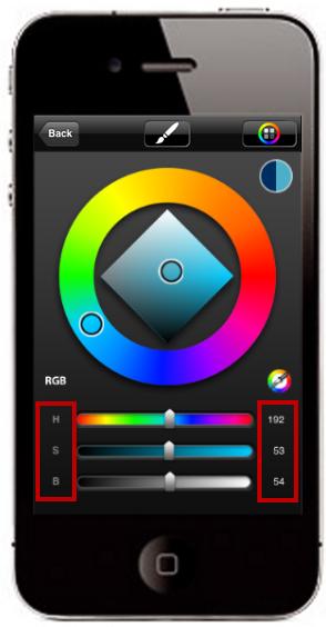 Using the Color Editor Tap to access the Color Editor. It contains a color wheel for creating custom colors. Enter RGB or HSB values or mix a color of your Tap-drag to change saturation.