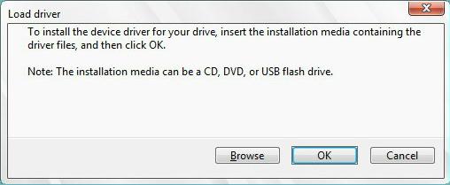 4. A message appears, reminding you to insert the installation media containing the driver of the RAID controller driver. Click Browse to continue.