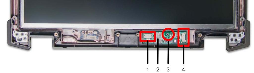 2. Tighten the captive screw securing the Microphone/Camera Module to the display back 3. Reconnect the flex cable to the Microphone/Camera Module 4.