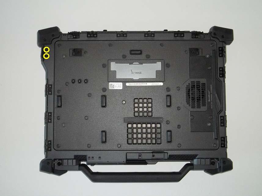 1. Follow the procedures in Before Working on Your Computer. 2. Open the door to relieve hinge pressure. 3. Remove the three M3 x 3-mm screws from the bottom of the base assembly 39.