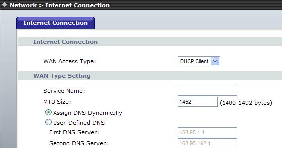 Name of service: it may be set by your own or blank MTU size: enter MTU (Maximum transmission unit) size (suggest set to default) Assign DNS Dynamically: get DNS IP address WAN interface