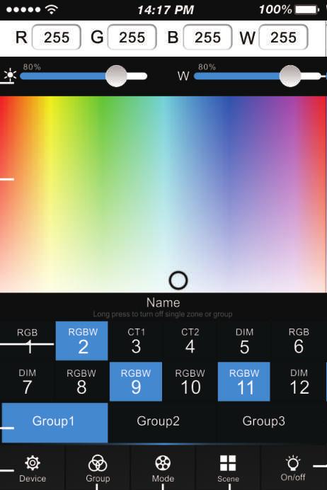 4.2.2 Main Interface ( 5 types ) RGBW value Brightness value Color bar White value