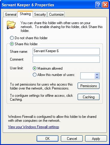 Note: These are the basic steps to setup the sharing and security for Servant Keeper on your network.