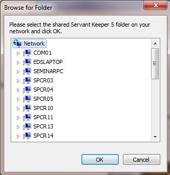 In this box, browse to your Server computer and select the Servant Keeper 6 shared folder. After the folder is selected, click [OK] to proceed.