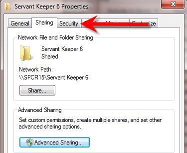 11. Click on the Security tab at the top of the box. 12. Make sure in the Group or user names box that Everyone is listed. a. If Everyone is not listed you will need to contact your Network Administrator for further assistance in sharing the Servant Keeper 6 folder.