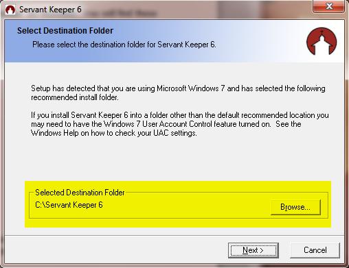 10. The installation now tells you the default path to where Servant Keeper will be installed. Here is where you will need to know what version of Windows your computer is running.