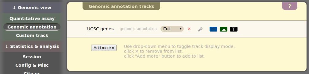 Click the Add more» button to show a small panel with all available genomic annotation tracks.