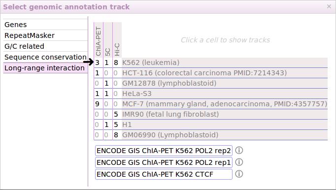 Click another table cell between ChIA-PET and K562 (as pointed by the arrow), and select two tracks