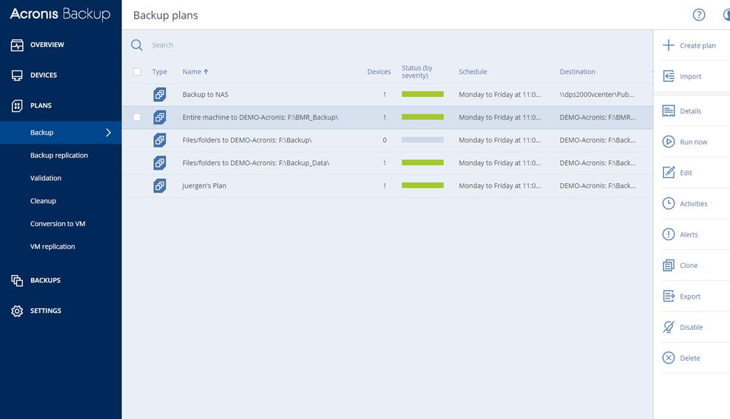At the Acronis Backup Management Console: On the left, click the DEVICES option in the left menu